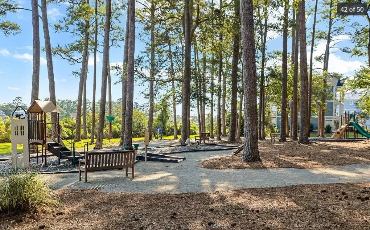 A vibrant playground area with colorful equipment and surrounding benches set among mature trees. The scene is lively, with space for children to play and families to gather, representing a safe and joyful environment for kids.